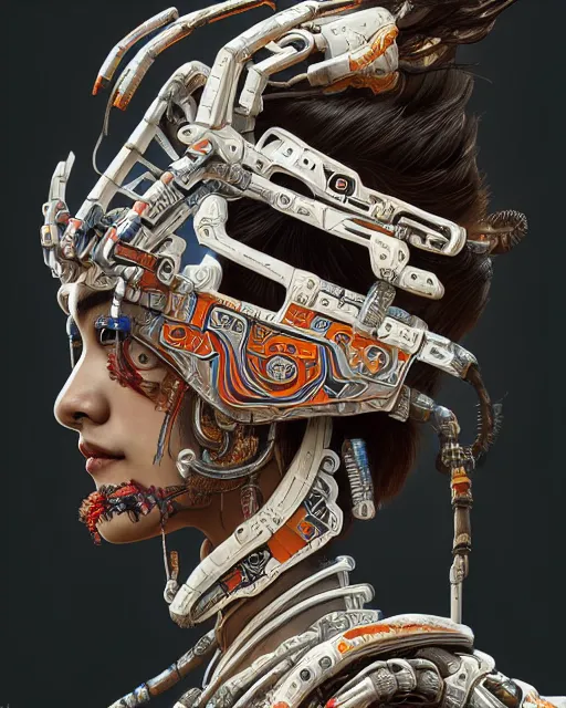 Image similar to portrait of a machine from horizon zero dawn, machine face, upper body, decorated with chinese opera motifs, asian, traditional chinese art, intricate, elegant, highly detailed, digital painting, artstation, concept art, smooth, sharp focus, illustration, art by artgerm and greg rutkowski and alphonse mucha, 8 k