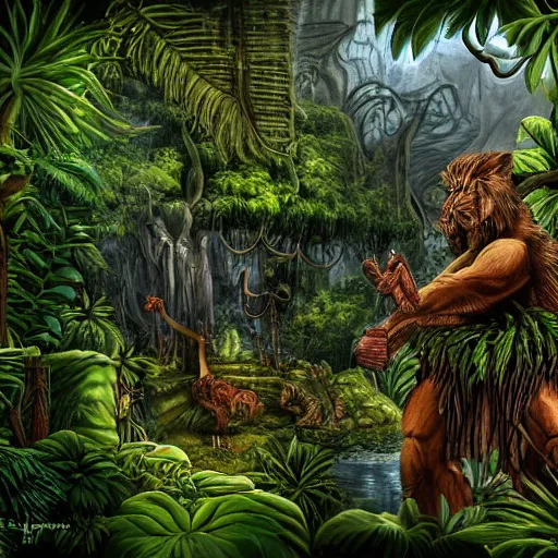 Prompt: fantasy jungle scene by adrian chesterman