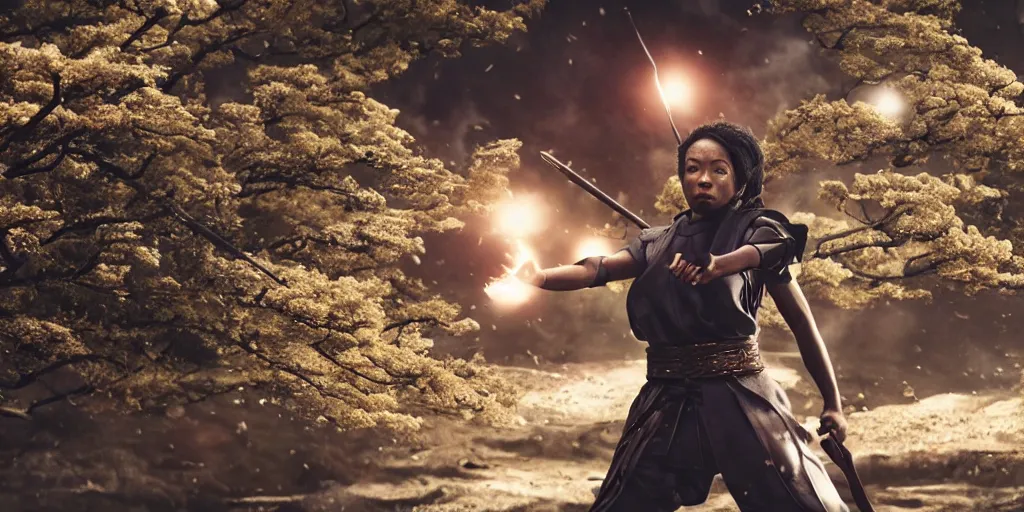 Image similar to a film still of a black woman starring in a japanese blockbuster film as ancient samurai, levitating mid air, intense, shallow depth of field, cinematic, award winning cgi, vfx, film still