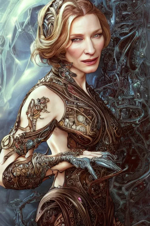 Image similar to cate blanchett, anatomy, cute, fantasy, intricate, elegant, highly detailed, digital painting, 4 k, hdr, concept art, smooth, sharp focus, illustration, art by artgerm and h r giger and alphonse mucha