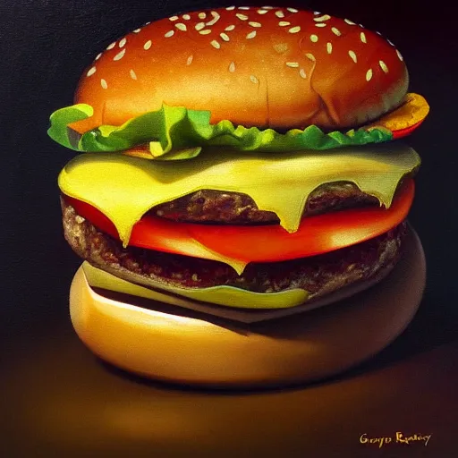 Image similar to oil painting of a burger made by greg rutkowsky, creepy, horror, dramatic light, nightmare,