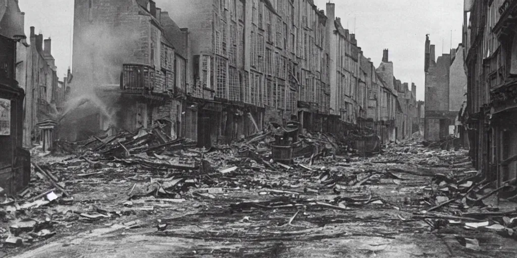 Image similar to a photo of a street of saint - malo en fire after a bombing at night in 1 9 4 5