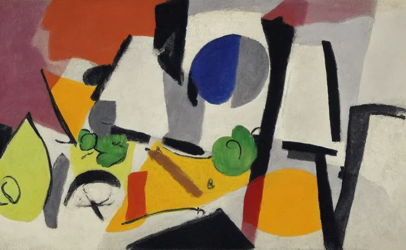 Prompt: minimal in the style of ivon hitchins. still life on a table. drawing on painting, brush marks. expressive abstraction.. in the style of john craxton, similar aesthetics to. dali. ben nicholson picasso