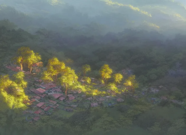 Image similar to concept art painting of a distant small woodland village in a valley seen from above, european japanese buildings, early morning, cel shaded, detailed, realistic, by makoto shinkai and moebius and greg rutkowski and james gurney