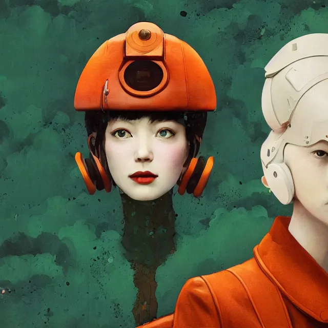 Image similar to portrait of alone androgynous girl wearing long orange vintage leather coat and wearing giant modular synthesizer 8 0 s sony stereo helmet and backpack. bakelite cliffs, moss green japanese forest background, ultrafine hyperdetailed illustration by hsiao - ron cheng and artgerm, the grand budapest hotel, glow, no crop, digital art, artstation, pop art