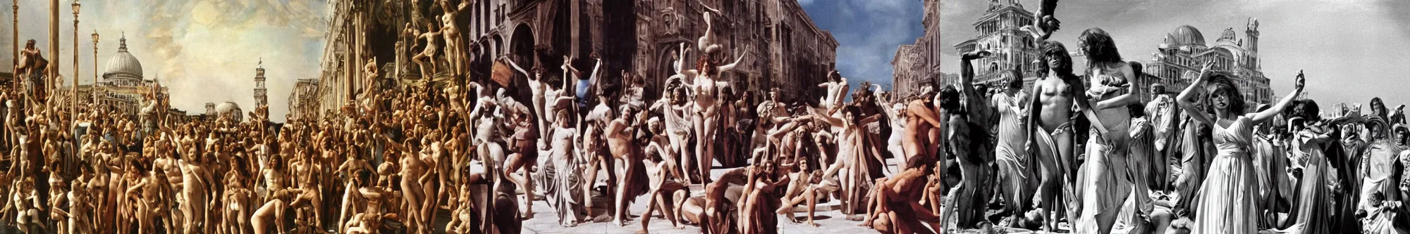 Prompt: a scene from death in venice ( 1 9 7 3 ) by luchino visconti, showing claudia cardinale leading a despaired crowd inspired by the last judgement of michelangelo. cardinale and the crowd are in front of the venetian cityscape. cinematic, technicolor!!!, very crisped colors, intense colors, highly detailed, 5 0 mm, studio lighting