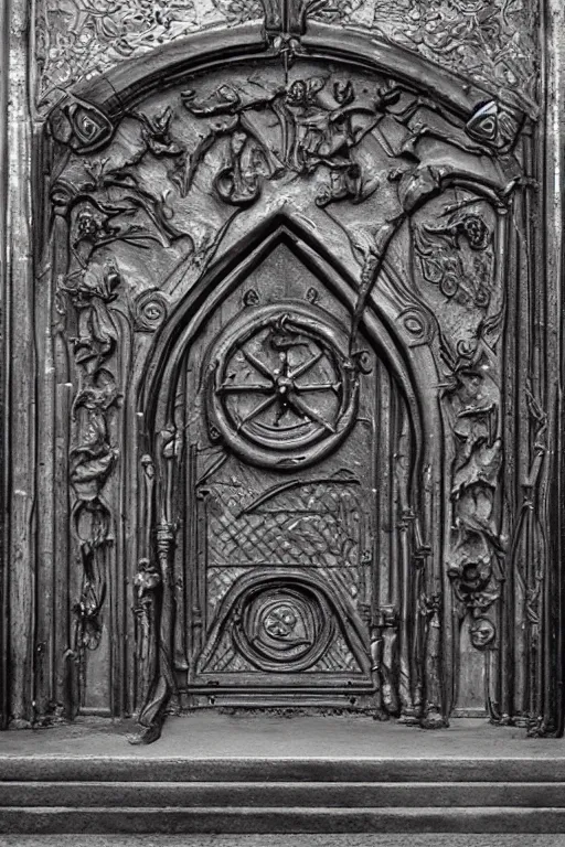 Prompt: a portal gate to hell malde of cast iron. hyper - detailed. ominous shapes. epic. sinister. medieval