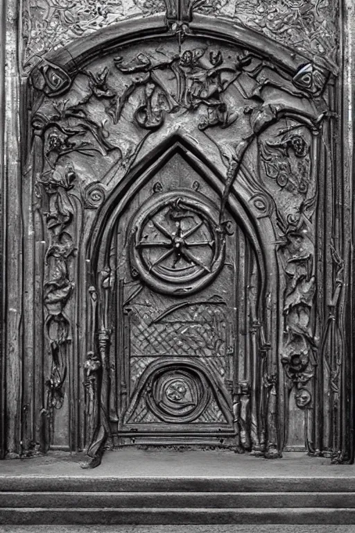 Image similar to a portal gate to hell malde of cast iron. hyper - detailed. ominous shapes. epic. sinister. medieval