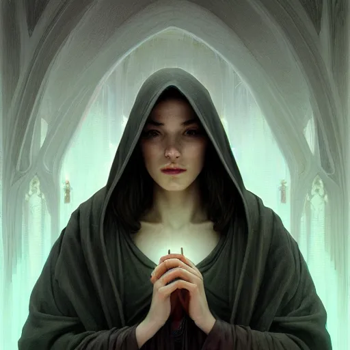 Image similar to Portrait of a young woman wearing a hooded robe, in a trance, non-centered shot, unique, intricate, elegant, highly detailed, digital painting, artstation, concept art, smooth, sharp focus, illustration, art by artgerm and greg rutkowski and alphonse mucha, by beksinski