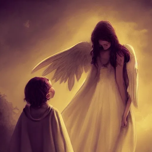 Image similar to Angel protecting child by Ben Evrard, very detailed, deviantart, artstation