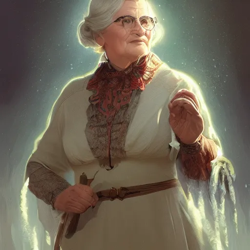 Image similar to mrs doubtfire as a witch, mage tower far away, glacier landscape, d & d, fantasy, intricate, elegant, highly detailed, digital painting, artstation, concept art, matte, sharp focus, illustration, art by greg rutkowski and alphonse mucha