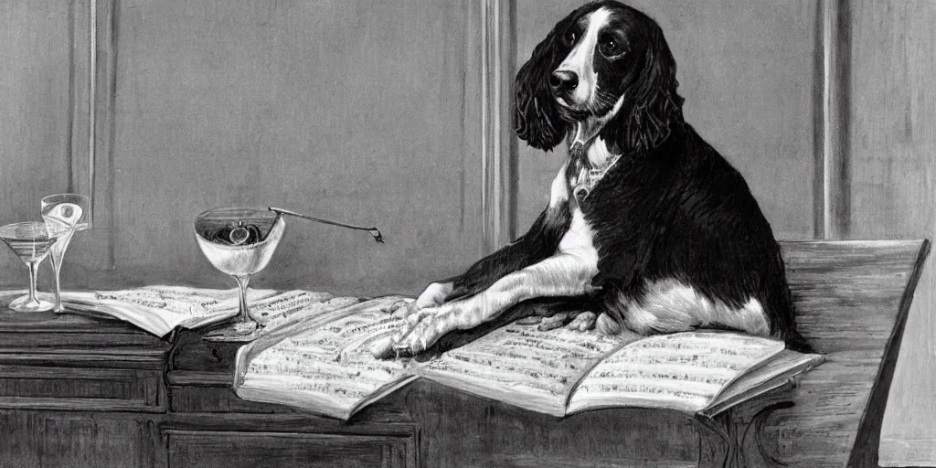 Image similar to sprocker Spaniel playing piano with a Martini on the side, book illustration, b&w