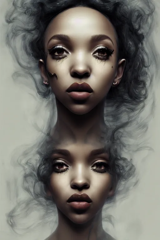 Prompt: a photorealistic portrait of tinashe as mysterious dark goddess of death, realism, clouds, swirling fabric, elaborate ornate growth, gilded relief, trending on artstation, by alessio albi
