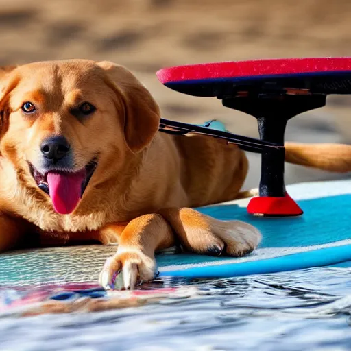 Image similar to dog playing violin on a surf board