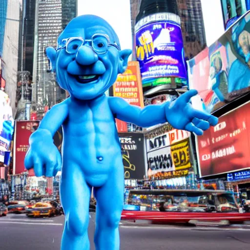 Image similar to a photograph of a very detailed renaissance sculpture of walter white as a smurf in times square, made by michelangelo, from the distance, hyper detailed, sharp focus, 8 k resolution, ray tracing