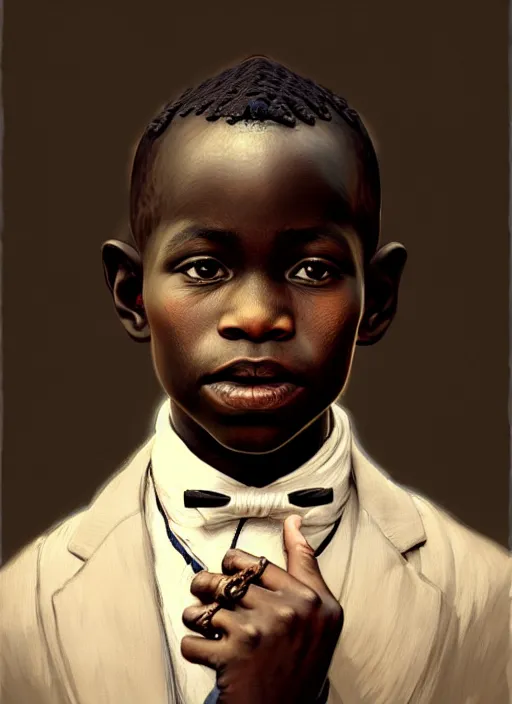 Image similar to a portrait of an african boy with a crooked nose in victorian clothing, confident pose, intricate, elegant, sharp focus, illustration, highly detailed, concept art, matte, trending on artstation, anime, art by james jean and artgerm and brian despain and alberto mielgo, greg rutkowski, wlop, ilya kuvshinov, strong strokes