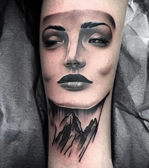 Image similar to tattoo design sketch of a beautiful woman face with a faded background of beautiful mountains and nature on the side, hyper - realistic, in the style of den yakovlev, amazing detail, black and white