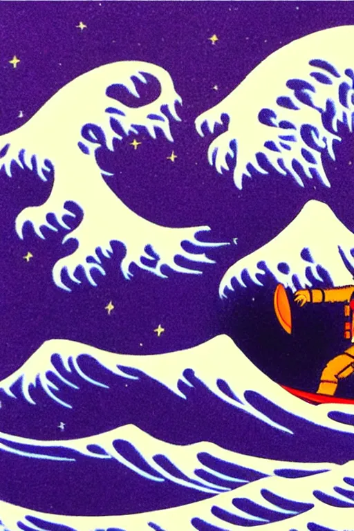 Prompt: an astronaut surfing the great wave off kanagawa on a purple surboard