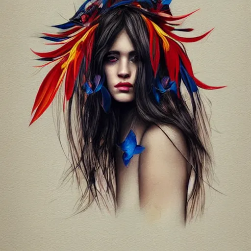 Image similar to portrait of beautiful woman with bird of paradise flower covering her face, art by marco mazzoni, dark background, asymmetrical, colors red white blue and black