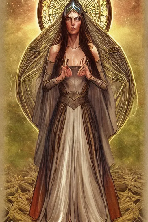 Image similar to tarot illustration of galadriel as the empress by artstation