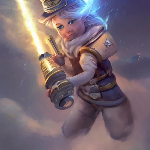 Image similar to female gnome engineer with pixie undercut hair, blasting lightning from metal gauntlet covering her arm, standing on a ship deck, full body portrait, lightning fantasy magic, naval background, D&D, piercing stare, highly detailed, digital painting, HD, ArtStation, great composition, concept art, matte, sharp focus, illustration, art by artgerm and Greg Rutkowski