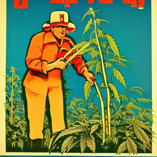 Image similar to a soviet propaganda poster of people harvesting cannabis plants