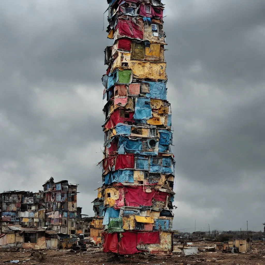 Prompt: close - up view of a tower made up of colourful makeshift squatter shacks, bleached colours, moody cloudy sky, dystopia, mamiya, f 1 1, very detailed, photographed by bruno barbey