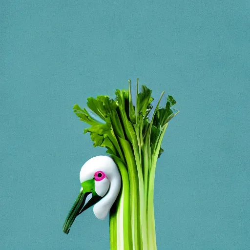 Image similar to A flamingo with human arms eating celery, photography, realistic