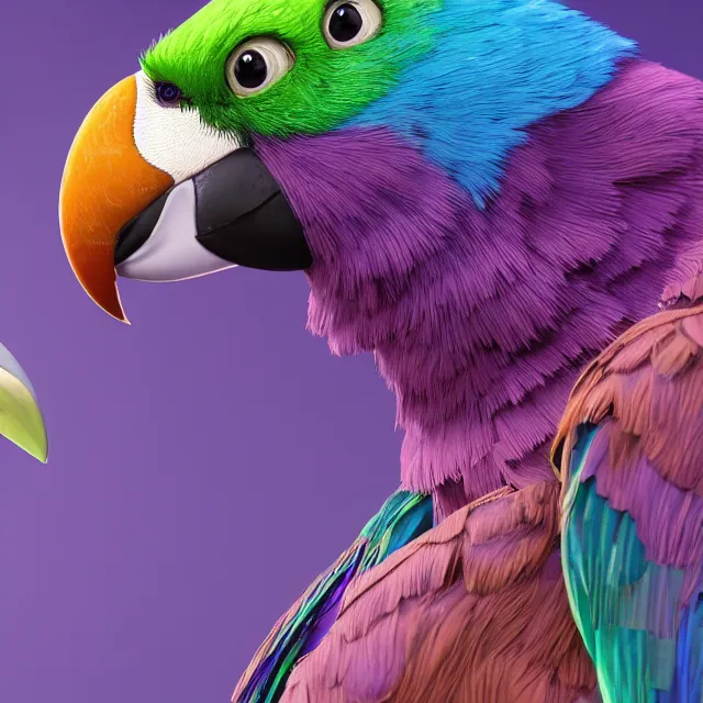 Prompt: a violet parrot, isometric 3 d, ultra hd, character design by pixar and hayao miyazaki, unreal 5, daz, hyperrealistic, octane render, cosplay, rpg portrait, dynamic lighting, intricate detail, summer vibrancy, cinematic