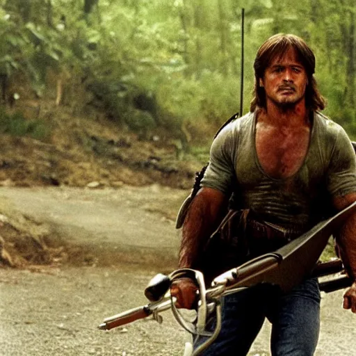 Image similar to rambo from first blood on a scooter