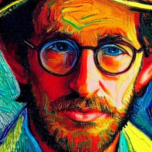 Image similar to an artistic portrait of a young steven spielberg, high quality, studio photography, colourful, hero, 1 9 8 8, heroic, beautiful, in the style of vincent van gogh