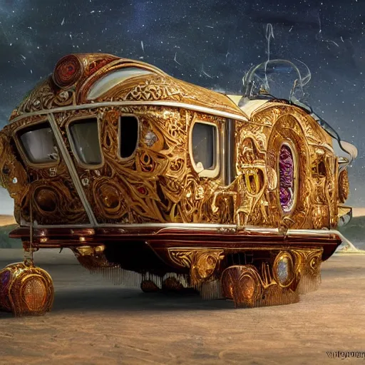 Image similar to a futuristic neo - gypsy caravan, decorated polished wood, lace and velvet and silk material, volume light, hyper realistic highly detailed 4 k by karol bak