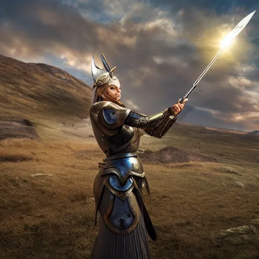 Prompt: A valkyrie clad in armor; pointing her spear in the sky, 4k resolution, sunlight, norse, photorealistic detail, battlefield, destruction,