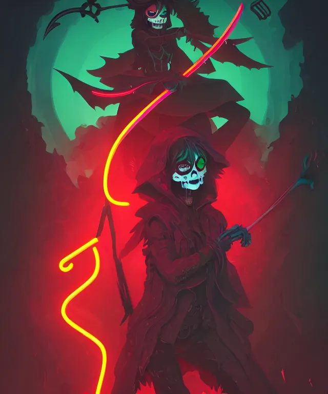 Image similar to a portrait of a neon grimm reaper holding a single scythe, fantasy, elegant, digital painting, artstation, concept art, matte, sharp focus, illustration, art by josan gonzalez