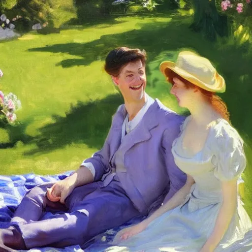 Prompt: a young man and woman sitting in a beautiful garden on a picnic blanket on a hot summers day laughing, john singer sargent style, 4 k, beautiful, elegant, vintage