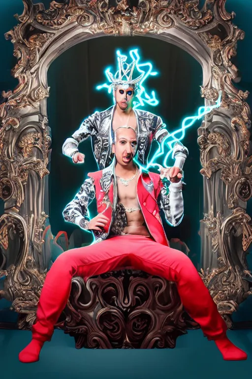 Image similar to full-body rococo and cyberpunk style neon statue of a muscular attractive Jay Sean sim roupa macho dotado e rico android sim roupa reclining con las piernas abiertas e la piroca dura e afuera, glowing white laser eyes, prince crown of red gears, diamonds, swirling black-colored silk fabric. futuristic elements. full-length view. space robots. alien skulls. intricate artwork by caravaggio. Trending on artstation, octane render, cinematic lighting from the right, hyper realism, octane render, 8k, depth of field, 3D