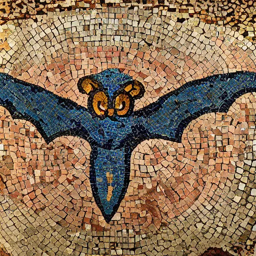 Image similar to medium shot Mosaic depicting a cute realistic adorable vampire bat big eyes, realistic wings, looking left, round blue background, from Italica, AD 176-275. Archaeological Museum, Seville. Byzantine mosaics, highly detailed, HQ, HD, beautiful, National Geographic,