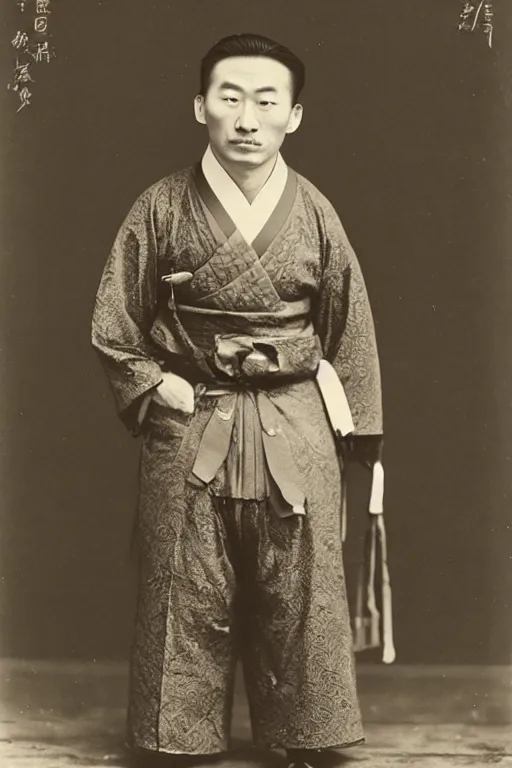 Image similar to anthropomorphic asian black bear in traditional Japanese mens clothing, 1900s photo