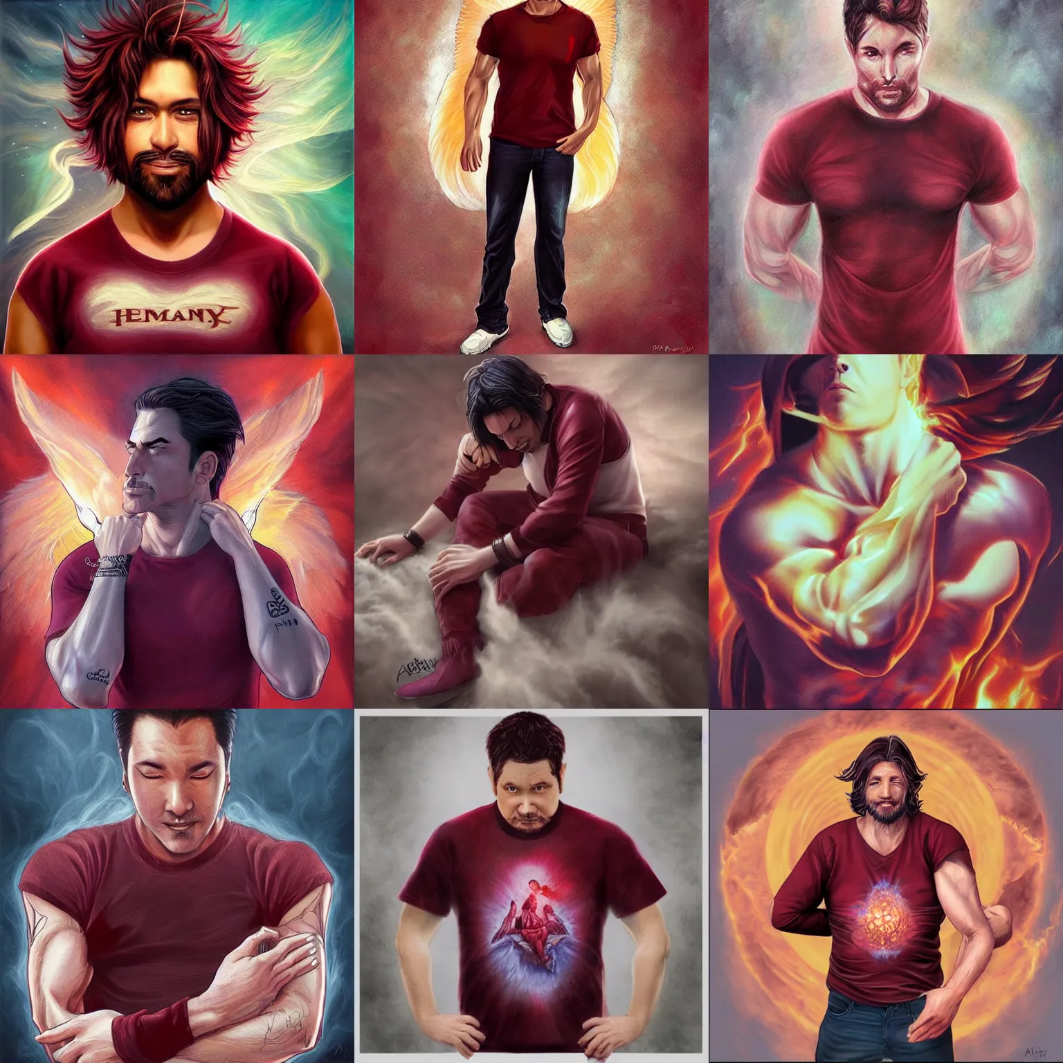 Prompt: a man in his early 4 0 s, heavenly fire is enveloping his body, he's wearing a t - shirt of burgundy color, art by artgerm