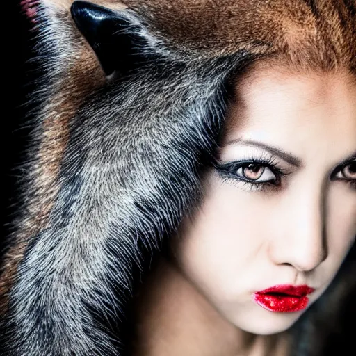 Image similar to werewolf side portrait, aggressive, fashion photo, studio photo, photorealistic, ultra detailed, bokeh.