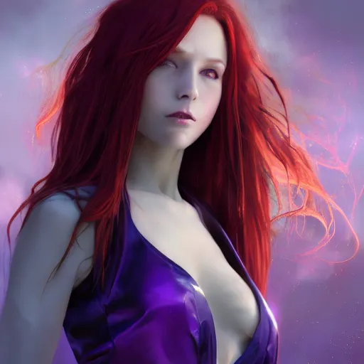 Prompt: redhead vampire sorceress, perfect face viewed in profile, bright glowing purple and red eyes, gold shirt, cinematic, floating ash, stunning, highly detailed, artstation, smooth, hard focus, concept art, art by artgerm and greg rutkowski and alphonse mucha, volumetric lighting, octane render, 4 k resolution, trending on artstation, masterpiece