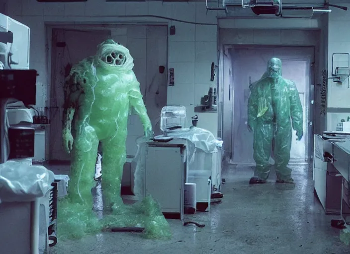 Prompt: a massive gelatinous flesh creature grows out of control in a grungy science lab, horror movie scene, a man in a hazmat suit