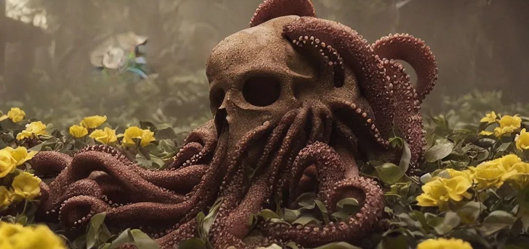 Prompt: an octopus in the shape of a skull surrounded by flowers at midnight, foggy!, high dof, cinematic shot, photo still from movie by denis villeneuve, wayne barlowe