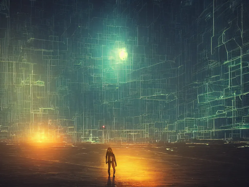 Image similar to synthwave landscape of a lone traveler walking towards a distant cyberpunk castle, cyberspace, grid, virtual, night, wireframe, by John Smith, by Alena Aenami, by Greg Rutkowski, wide angle, highly detailed, cinematic, Blue and Green color scheme