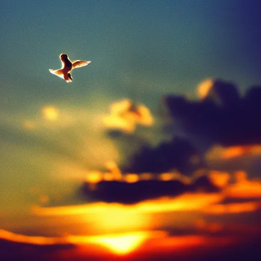 Image similar to Close-up realistic shot of a radiant shining white dove flying over the clouds at sunset, ethereal, vintage photograph, film grain, surreal, awe-inspiring, highly detailed, blue and orange color scheme