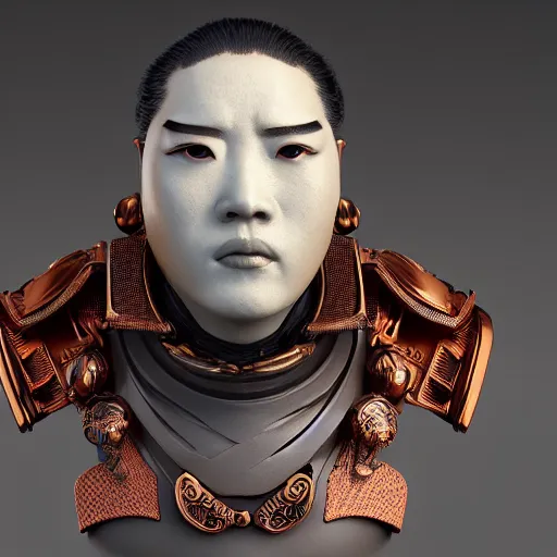 Prompt: portrait of a bust of a samurai head with futuristic fashion elements created by yuuki morita, brilliantly colored, octane render, 3 d animated, unreal engine 5, studio lighting, smooth surface