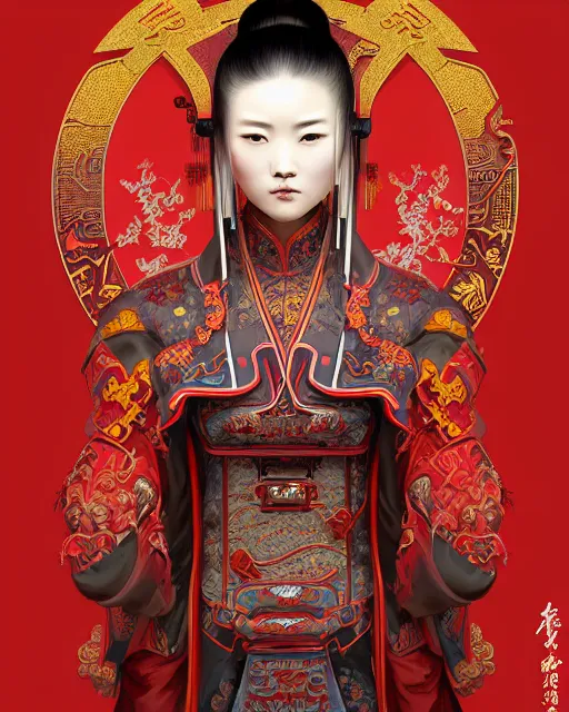 Image similar to portrait of a chinese cyberpunk machine, machine face, robed, upper half portrait, decorated with chinese opera motifs, regal, asian, fine china, wuxia, traditional chinese art intricate intense elegant 京 剧 highly detailed digital painting artstation concept art smooth sharp focus illustration, art by artgerm and greg rutkowski alphonse mucha 8 k