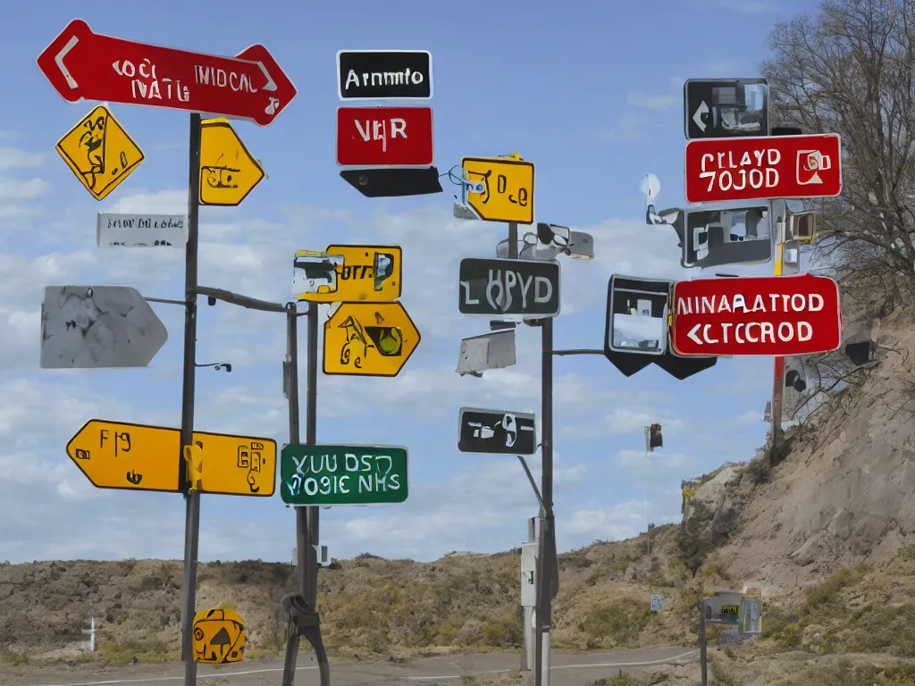 Image similar to confusing road signs, 8k resolution, ultrarealistic