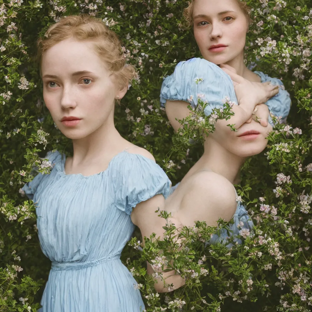 Prompt: portrait of a young lady in a light blue dress 1 9 0 0 s one entire face shown in great detail, singular person, in a beautiful garden, looking at the camera, full body in camera, blonde hair, garden, photorealistic, extreme detail, sharp focus, 8 k, intricate, hyper detailed, realistic, cinematic lighting