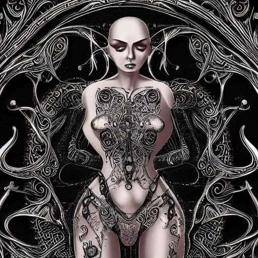 Image similar to a woman with 4 arms, wearing a black shirt and black pants, intricate details, highly detailed, digital art, fantasy, mystical, digital painting, illustration, elegant